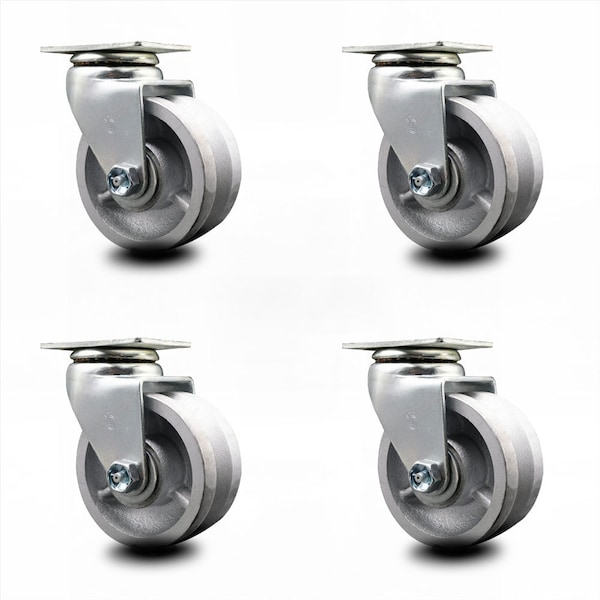 4 Inch V-Groove Semi Steel Cast Iron Wheel Swivel Caster Set with Ball Bearing